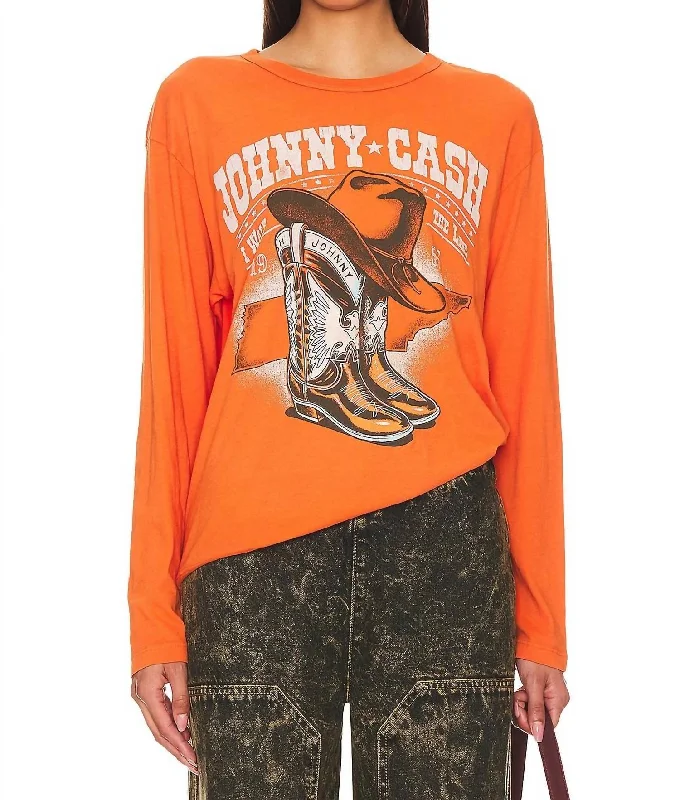 Johnny Cash Boots And Hat Ls Crewneck Tee In Tangerine