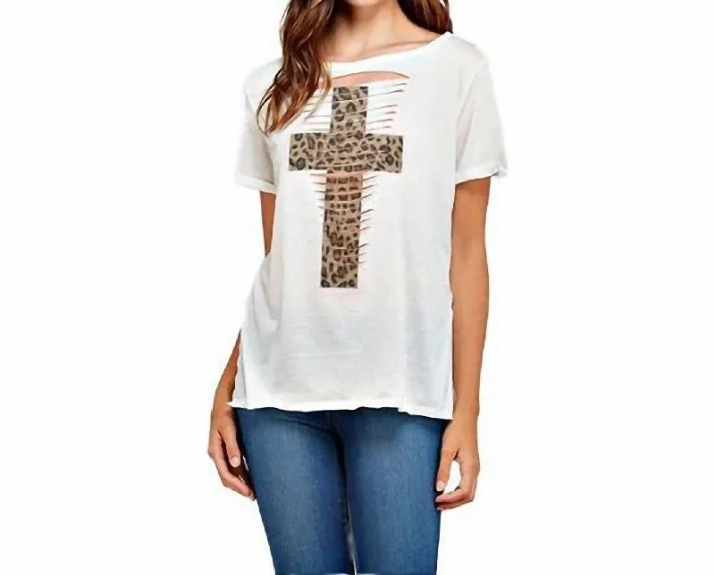 Laser Cut Tee With Leopard Print Cross In Ivory