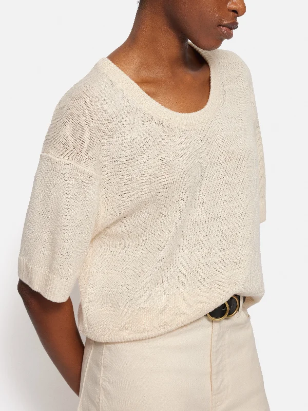 Linen Scoop Neck Knitted T-Shirt | Ivory