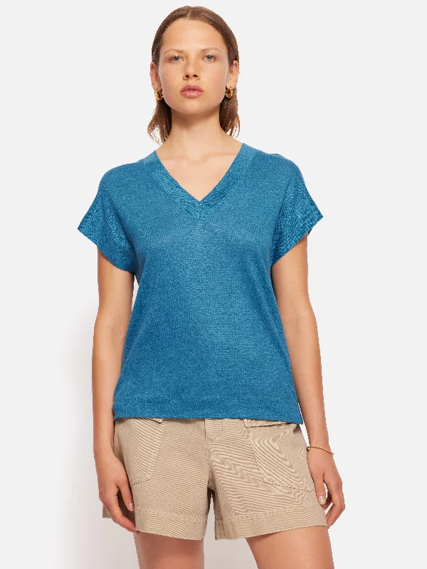 Linen V Neck Tee | Blue