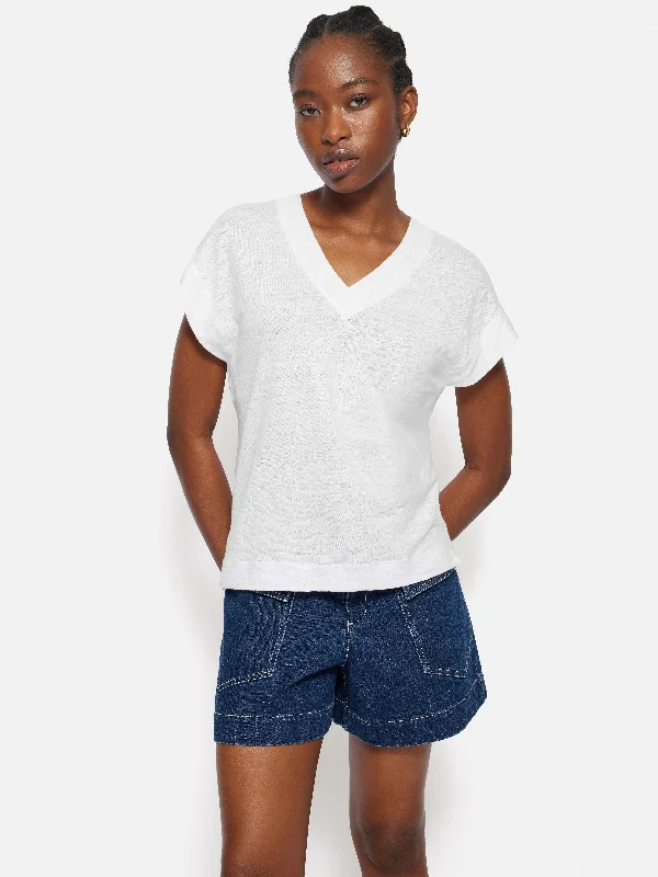 Linen V Neck Tee | White