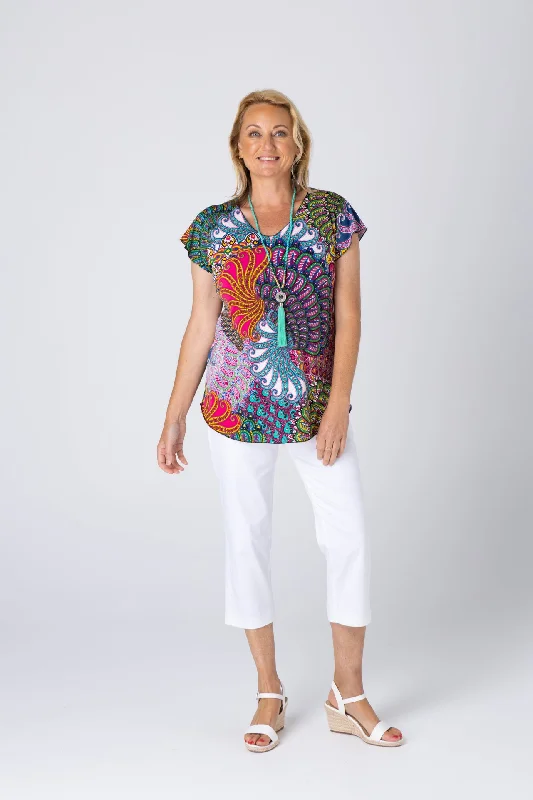 Peacock Print Short Sleeve Jersey Top