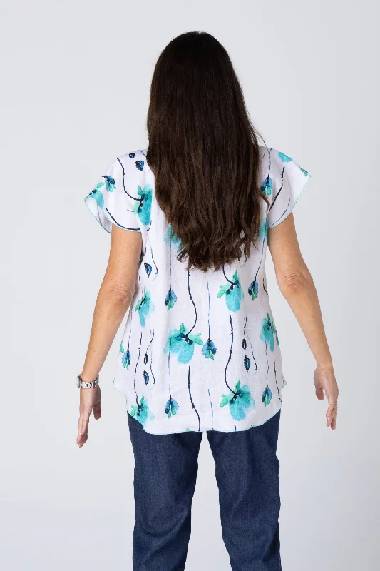 Stems Print Short Sleeve 100% Linen Top