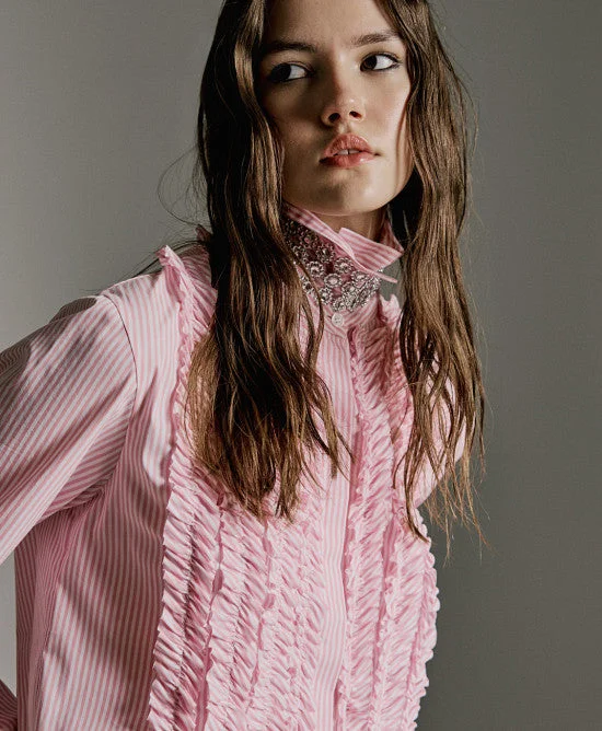 Access Fashion Pink Cropped Strped Ruffle Shirt