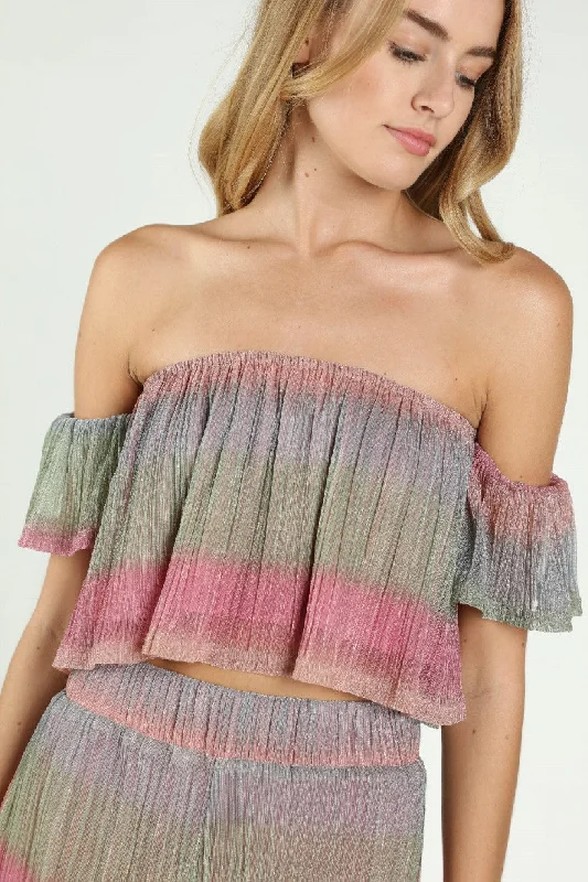 Another Round Shimmer Off The Shoulder Crop Top