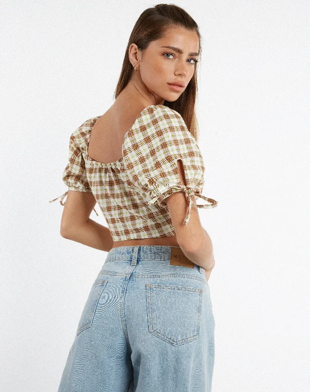 Auri Crop Top in Yellow Brown Check