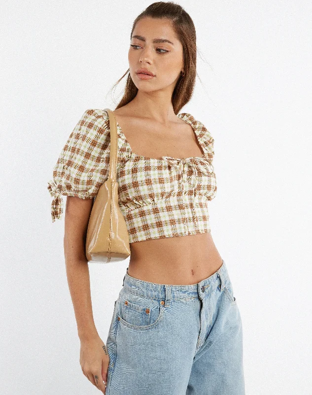 Auri Crop Top in Yellow Brown Check