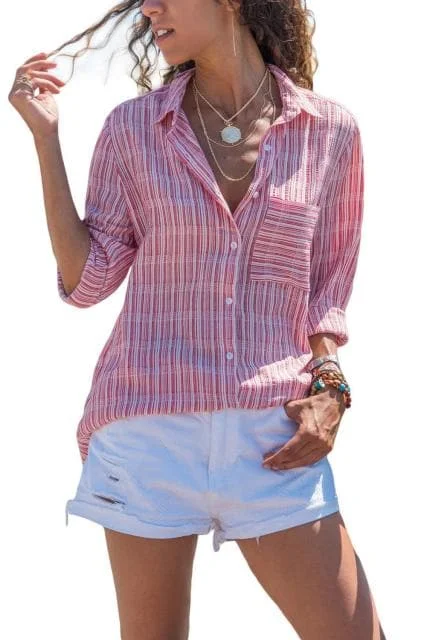 WhiteRed Casual Roll-up Sleeve Stripe Pocket Loose Shirt Women Turn Down Collar Single Buttons with Pocket Blouse Tops