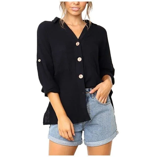 Fashion Women Loose Solid Color Turndown Collar Button Blouses Casual Autumn Cotton Linen Long-Sleeved Shirt