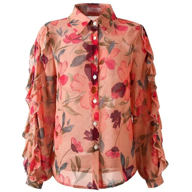 New Vintage Women Shirts Print Full Sleeve Loose Chiffon Thin Port Western Style Flavor Blouse Shirt Pink Blouse