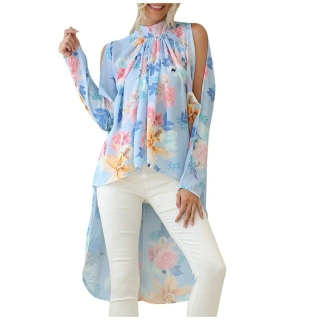 Fashion Women Floral Printed Turtleneck Long Sleeve Chiffon Office Shirt Blouse Loose Casual Top Plus Size