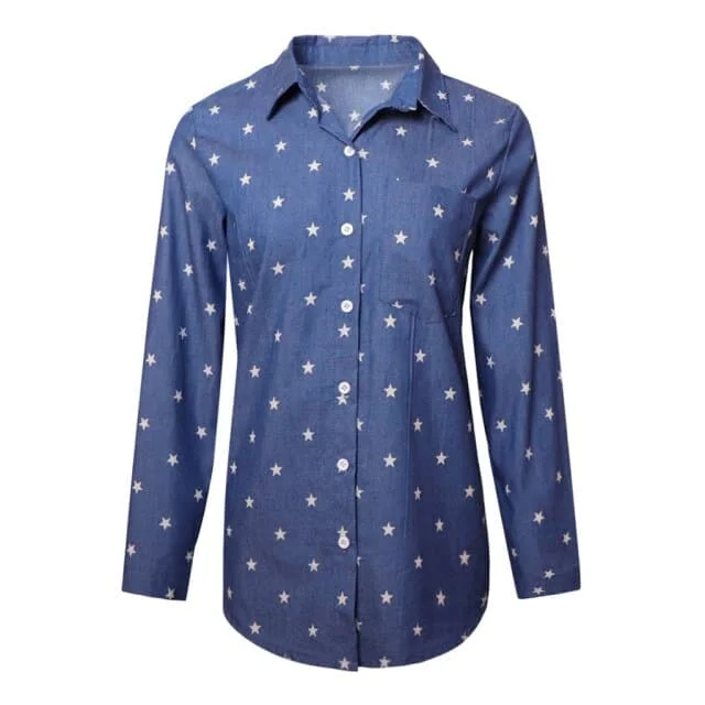 Fashion Women Shirts Atumn Casual Turndown Collar Long Sleeve Denim Star Printed Loose Blouse Tops Clothes