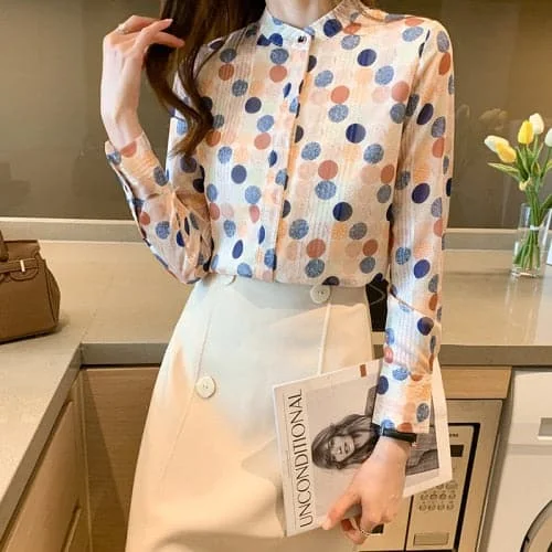 Women Shirts Chiffon Blouses Women Long Sleeve Shirt Woman Polka Dot Shirts Top Ladies Print Blouse Tops Plus Size Shirt