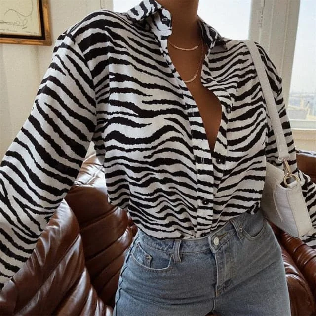 Fashion Down Lapel  AbstractZebra Print  Loose Tops