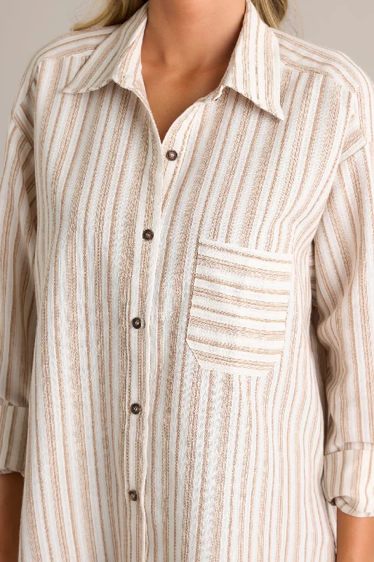 Boho Harmony Ivory Button Front Stripe Top