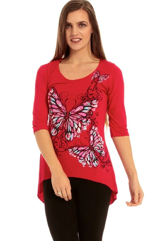 Cropped Sleeve Butterfly Print Curved Hem Top