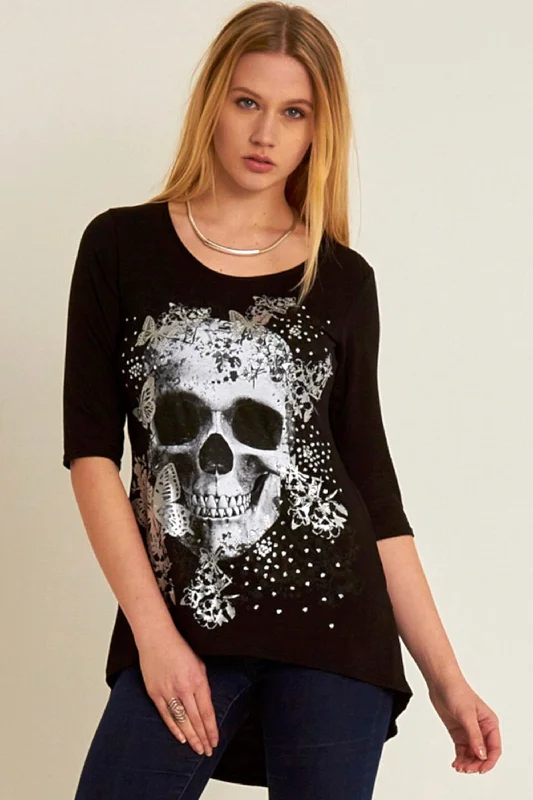 Cropped Sleeve Skull Print Curve Hem Top