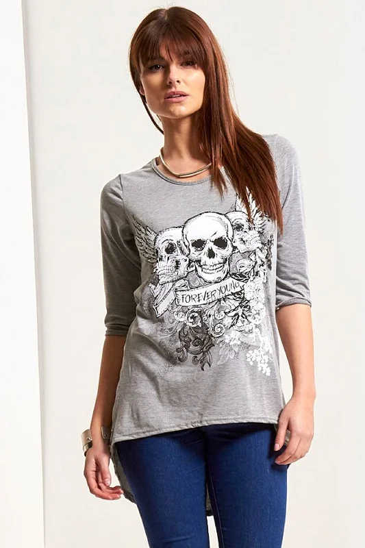 Cropped Sleeve Skull Print Curve Hem Tshirt