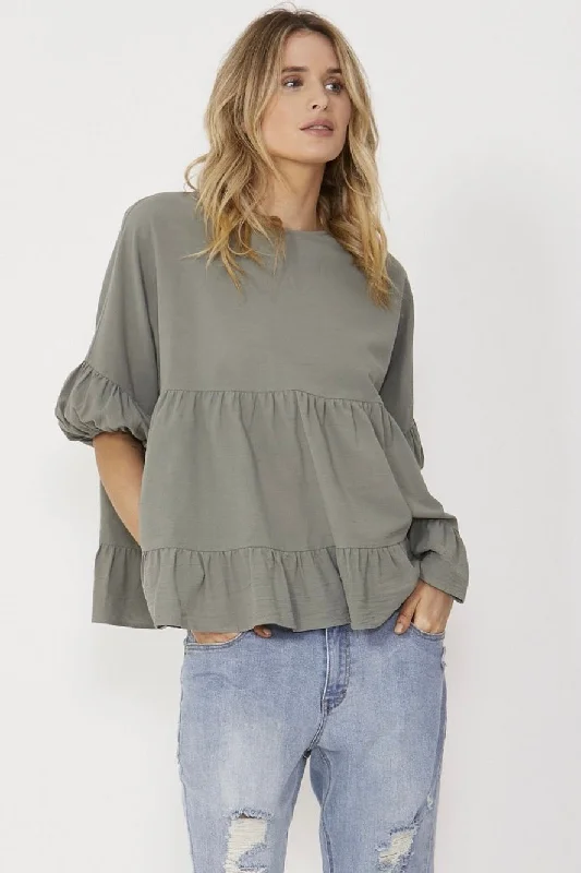 Elsie Cotton Tiered Crop Sleeve Khaki Top