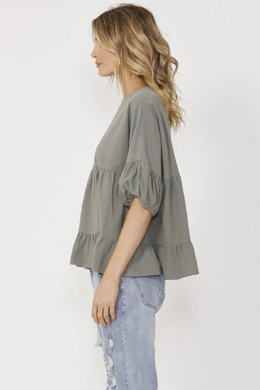 Elsie Cotton Tiered Crop Sleeve Khaki Top