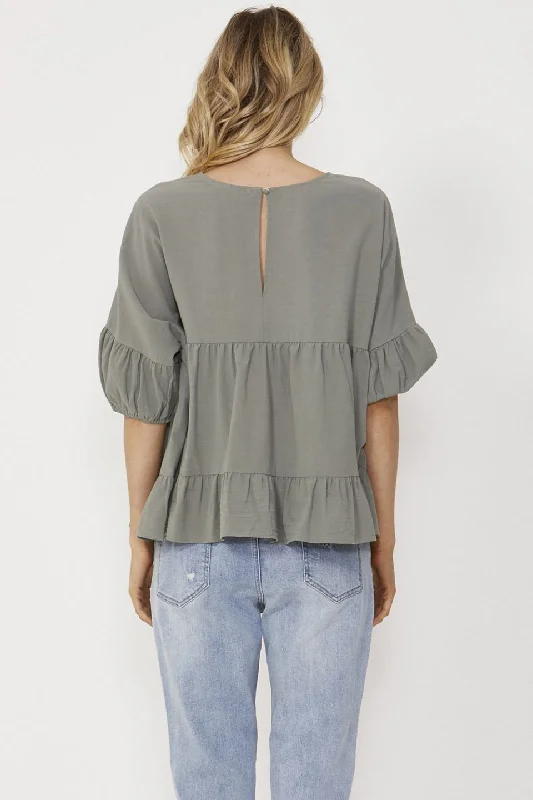 Elsie Cotton Tiered Crop Sleeve Khaki Top