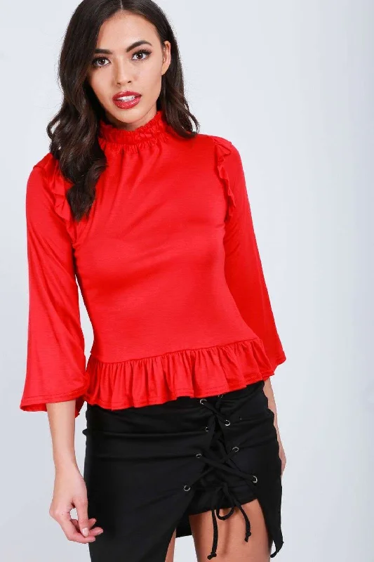 Emerald Funnel Neck Cropped Sleeve Frilly Top