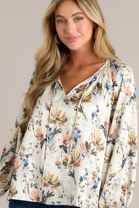 Golden Orchid Ivory Floral Balloon Sleeve Blouse