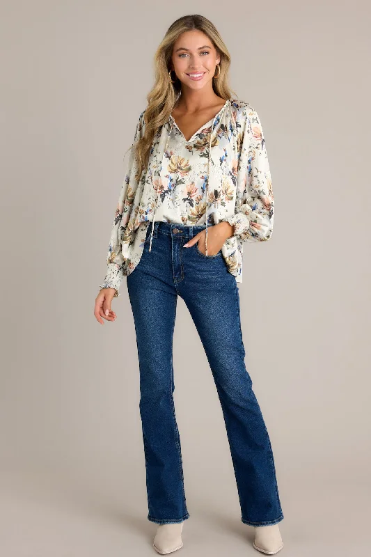 Golden Orchid Ivory Floral Balloon Sleeve Blouse