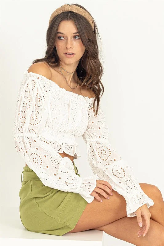 Love Letter Off Shoulder White Eyelet Crop Top