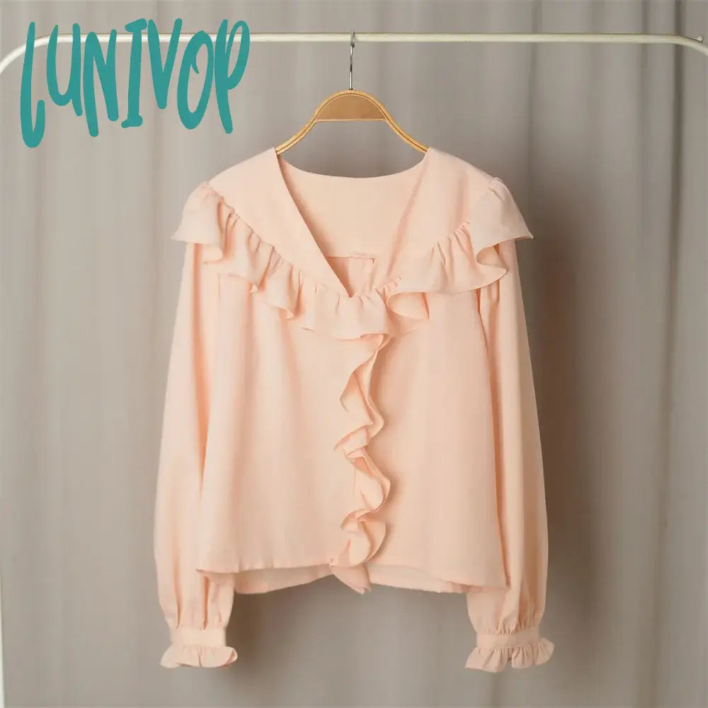 Lunivop 2024 New Solid Ruffles Blouse Women Spring Summer Elegant Chic V-neck Puff Sleeve Short Blouses Casual Fashion Sheer Blouse Lady