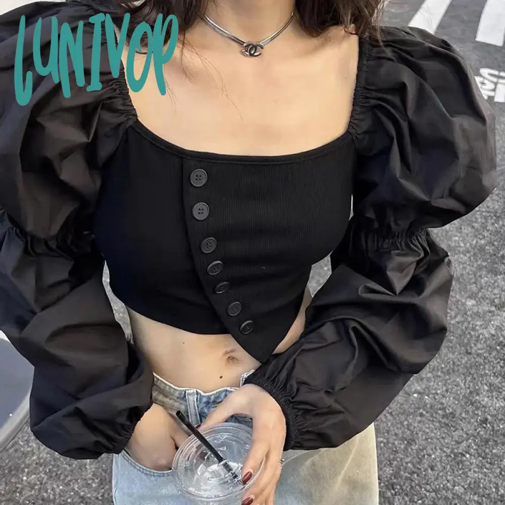 Lunivop Autumn Sexy Off Shoulder Slash Neck Shirt 2024 New Splicing Lantern Sleeve Blouse Korean Fashion Short Tops Women Clothes