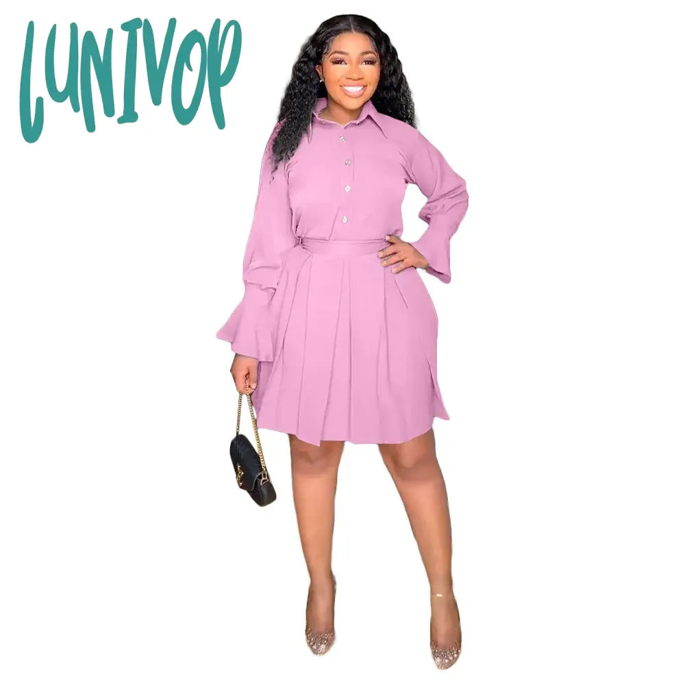 Lunivop Autumn  Women Fashion A-line Dress Woman Blouses Lapel Flare Sleeves Pleated Dresses Elegant Belted Party Midi Dresses