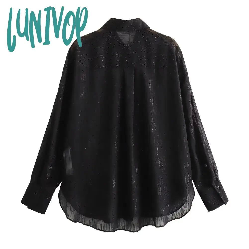 Lunivop Black Transparent Long Sleeve Shirt 2024 Spring New Simple Casual Button Up Lapel Collar Blouses Women Vintage Fashion Blouse