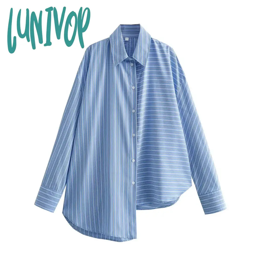 Lunivop Blue Striped Shirts For Women 2024 Spring Long Sleeve Lapel Collar Irregular Hem Blouse Femme Casual Fashion Blouses Outerwear