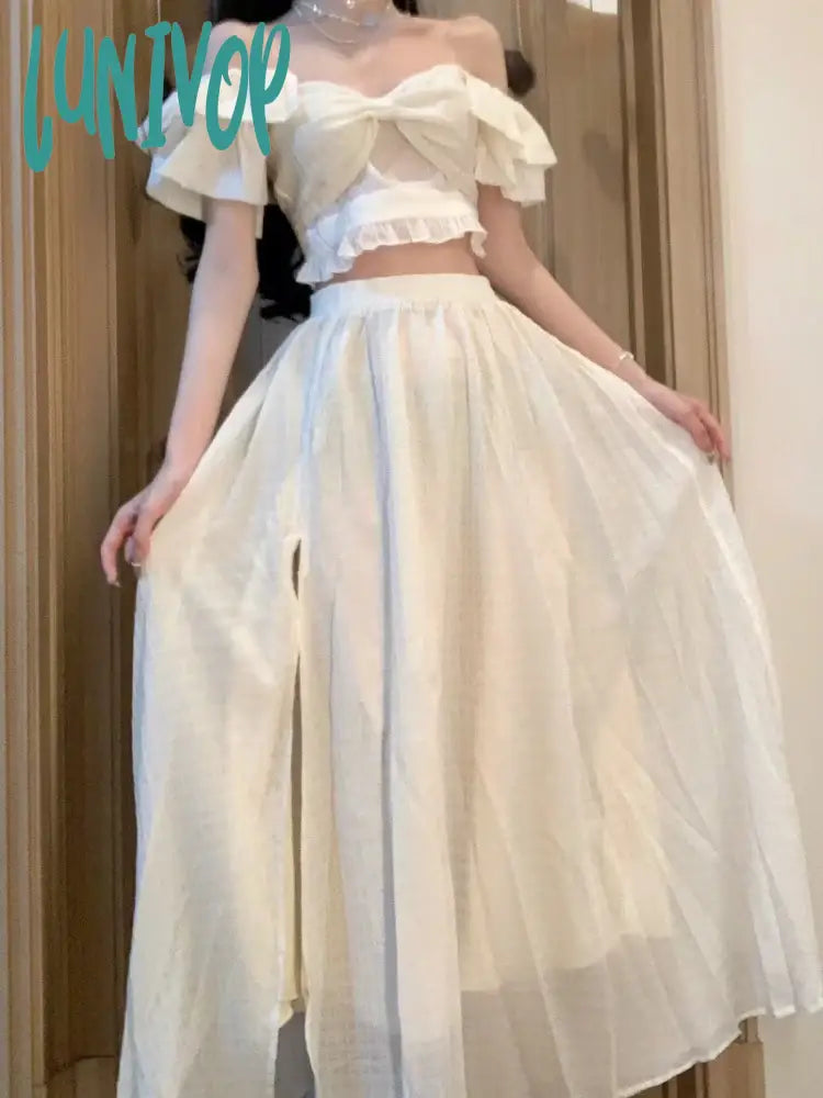 Lunivop Bow Korean Fashion Two Piece Set Women Ruffles French Vintage Long Skirts Suit Female Off Shoulder Blouse + Designe Skirt