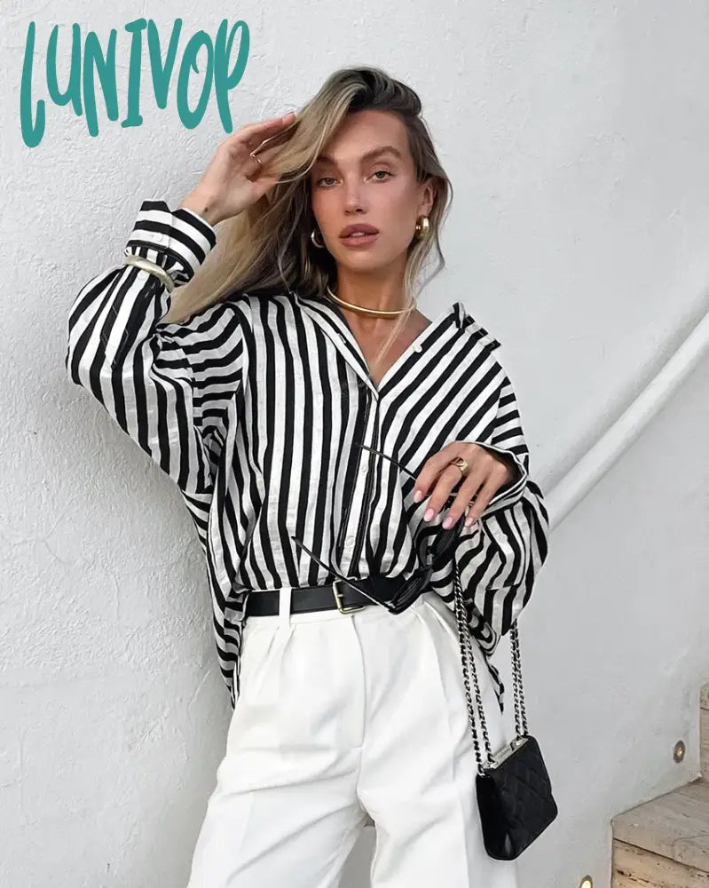 Lunivop Classic Black Striped Blouse Women Spring Long Sleeve Single Breasted Lapel Collar Blouses Casual Fashion Shirt Tops 2024 New