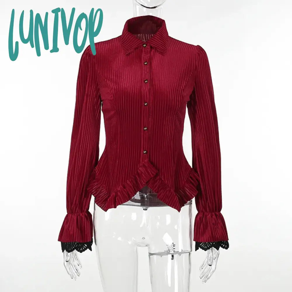 Lunivop Goth Dark Elegant Velvet Striped Gothic Vintage Blouses Ruffles Hem Slim Button Up Women Shirts Autumn Long Sleeve Fashion Cloth