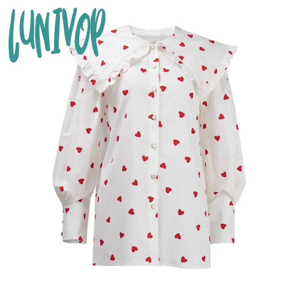 Lunivop Heart Graphic Shirts For Women 2024 Spring New Casual Chic Single Breasted Lantern Sleeve Blouses Female Casual Fashion Blouse