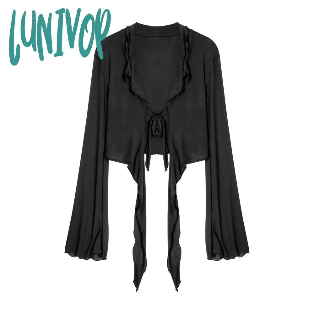 Lunivop Irregular Ruffles Y2K Blouses Women Summer Flare Sleeve Bandage Crop Tops Ladies Elegant Chic See Through Slim Shirts