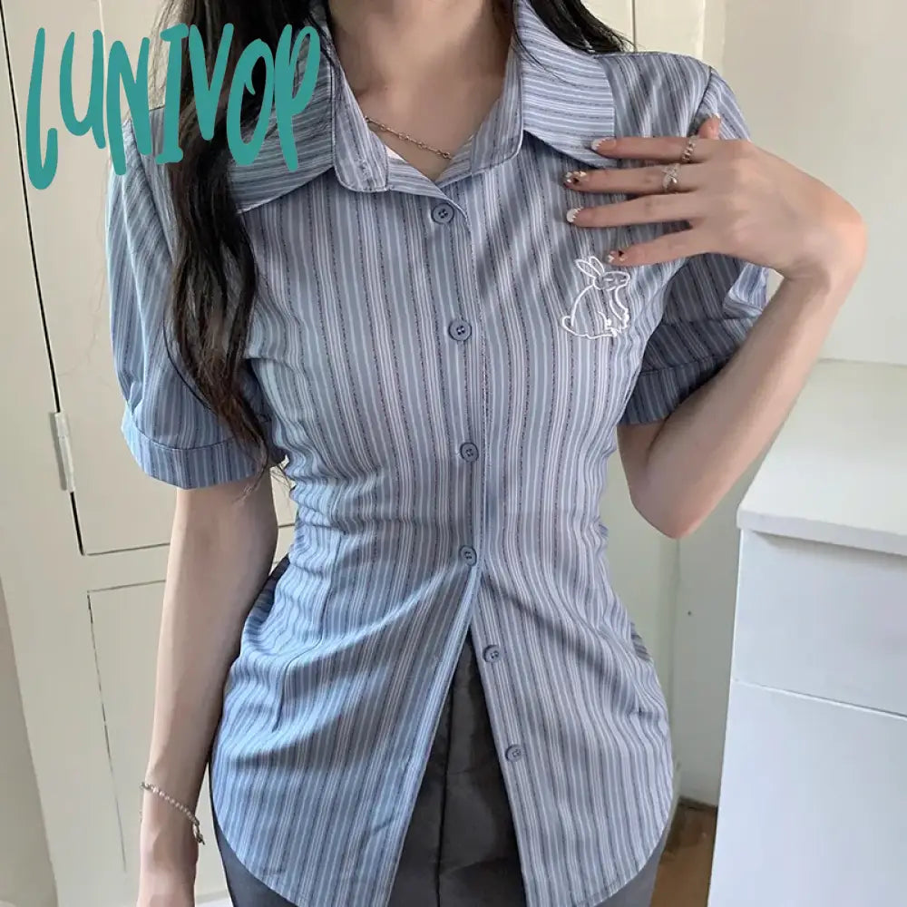 Lunivop Korean Slim Striped Shirt Women Casual Preppy Style Short Sleeve Blouse Summer All Match Embroidery Female Fashion Tops