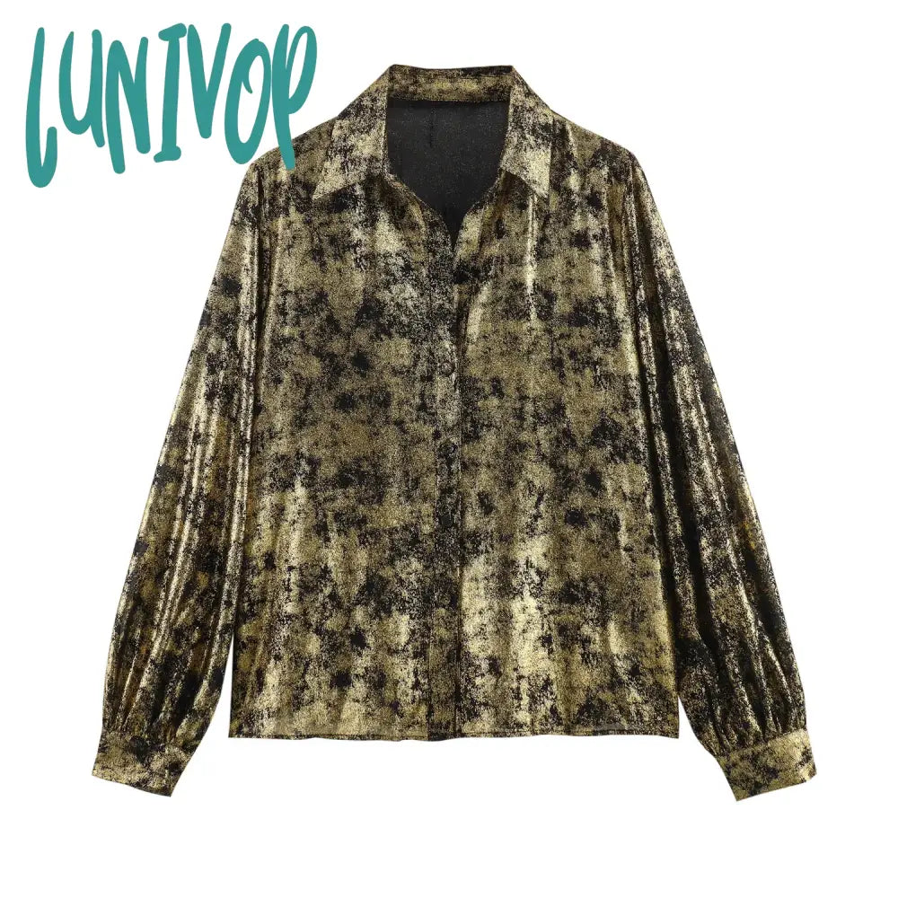 Lunivop Metal Printed Long Sleeve Shirts Women 2024 Spring New Turn Down Collar Single Breasted Blouse Female Casual Fashion Blouses