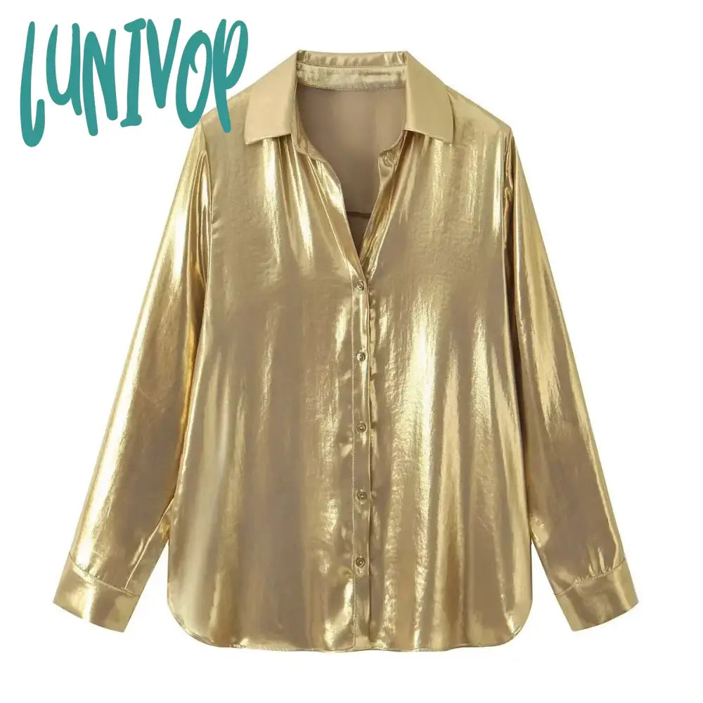 Lunivop Metal Satin Blouse Women Autumn New Long Sleeve Single Breasted Lapel Collar Blouses Female Fashion Casual Shirt Tops