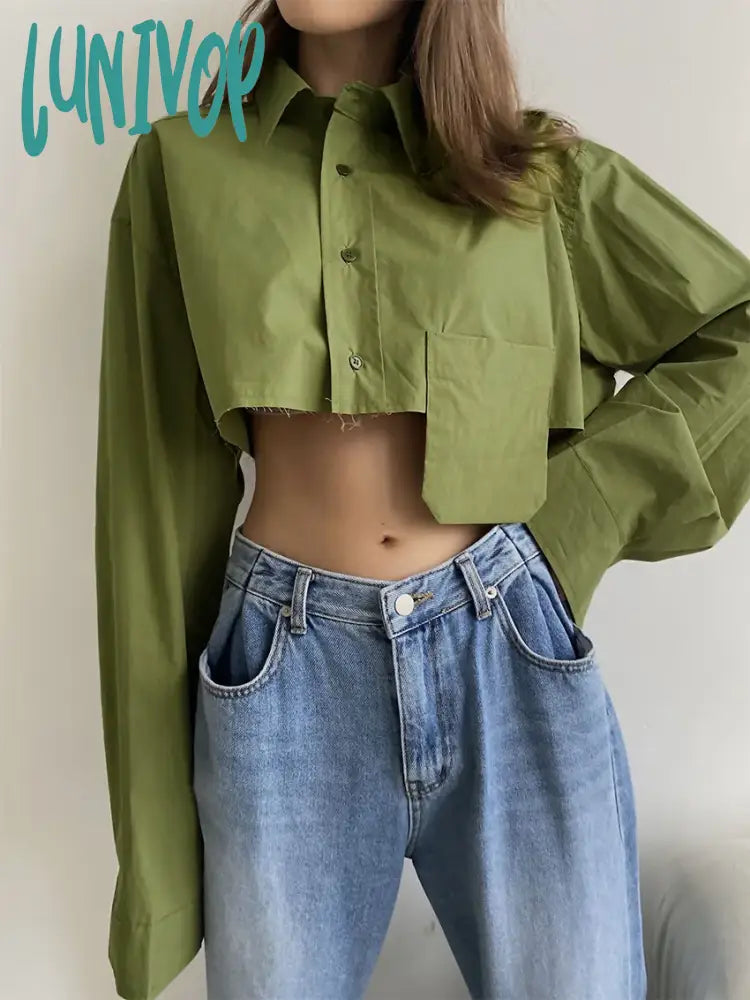 Lunivop Pocket Patchwork Cropped Shirts For Women 2024 New Spring Summer Chic Long Sleeve Button Blouses Streetwear Fashion Solid Blouse