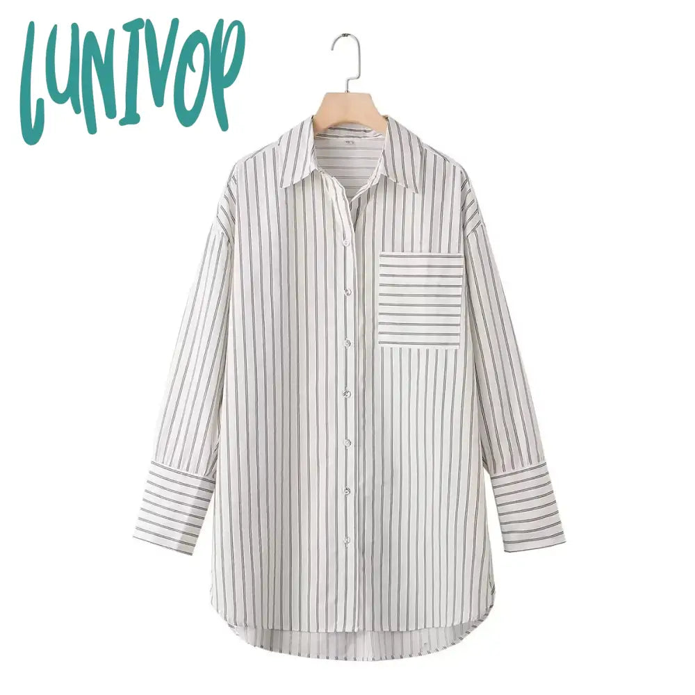 Lunivop Pocket Striped Blouses Women 2024 Spring New Chic Long Sleeve Lapel Collar Button Up Blouse Female Casual Fashion Long Shirt Top