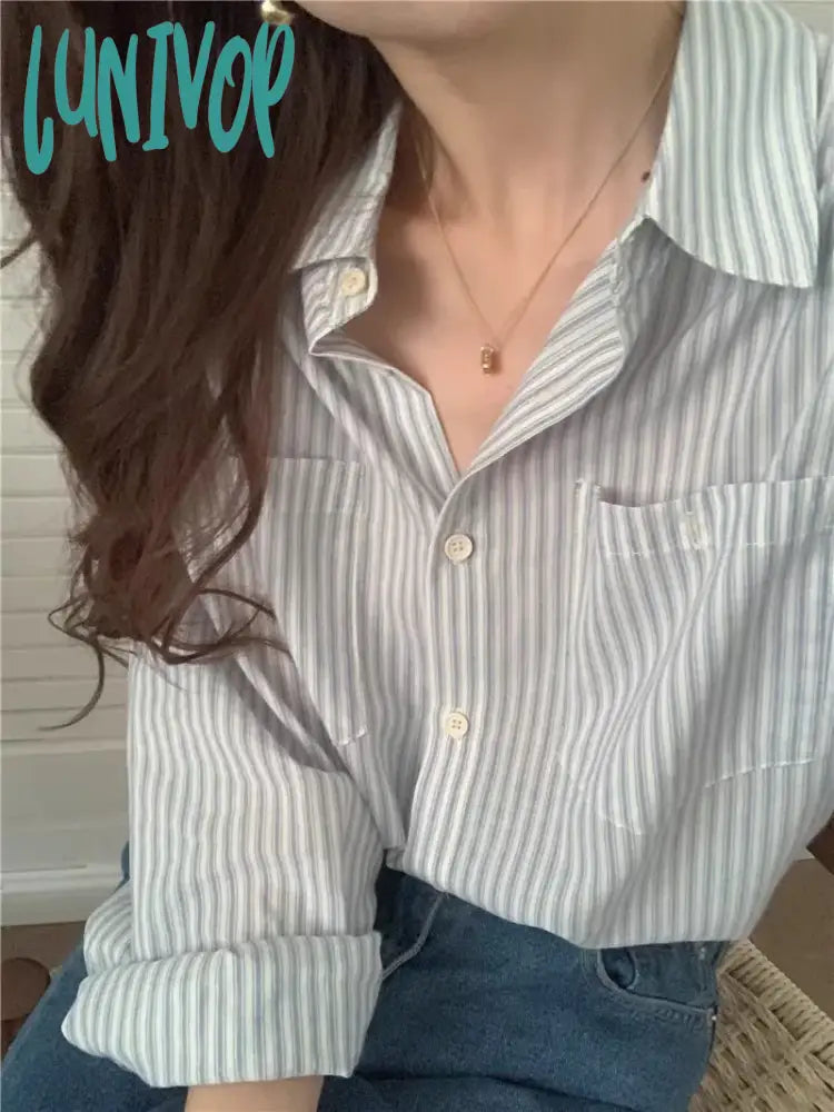 Lunivop Pockets Striped Shirts Women 2024 Spring New Long Sleeve Single Breasted Lapel Collar Blouses Korean Fashion Casual Chic Blouse