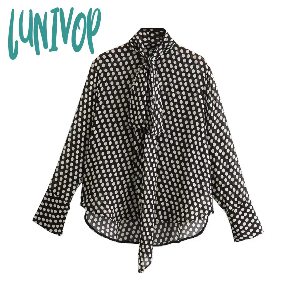 Lunivop Polka Dot Blouses For Women 2024 Spring New Fashion Long Sleeve Bow Collar Pullover Blouse Casual Elegant Office Lady Shirt Tops