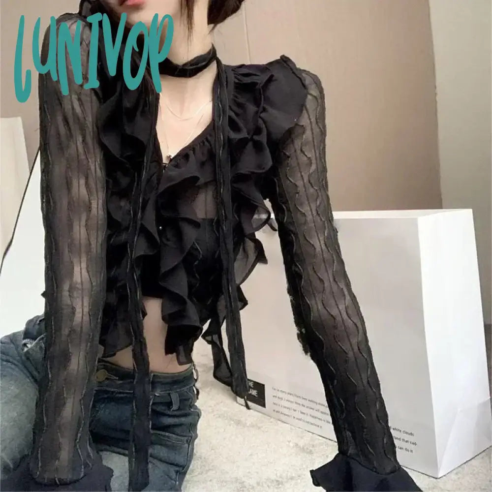 Lunivop Retro Casual Mesh Long Sleeve Blouse Women Hollow Sexy Crop Tops Ruffle Blouse Korean Slim Fit High Street Black Blouses