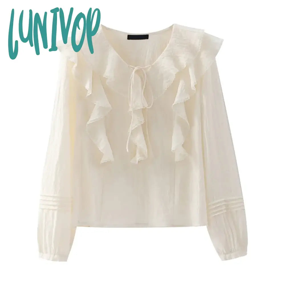 Lunivop Ruffle Textured White Blouse Women Summer V Neck Long Sleeve Sexy Fashion Short Blouses 2023 New Elegant Simple Y2k Shirt Tops