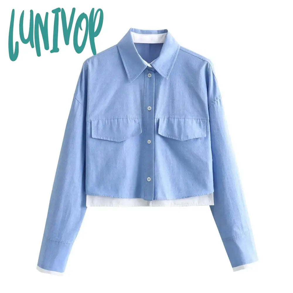 Lunivop Solid Color Cropped Shirts For Women 2024  New Street Casual Long Sleeve Lapel Collar Short Blouse Spring Simple Fashion Blouses