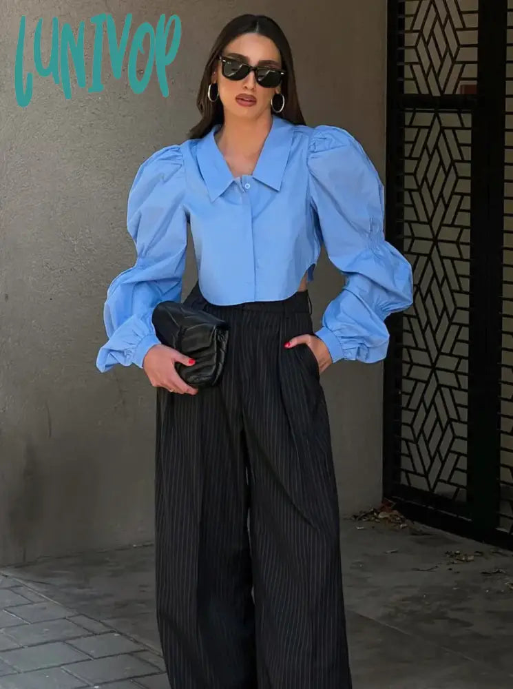 Lunivop Solid Color Shirts For Women French Fashion Lapel Collar Puff Sleeve Cropped Blouses Female Streetwear Casual Blouse 2024 Spring